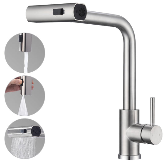 HOMELODY kitchen faucet, pull-out kitchen faucet with 3 spray modes, sink faucet with sprayer, kitchen faucet 360° rotatable, stainless steel brushed kitchen mixer.