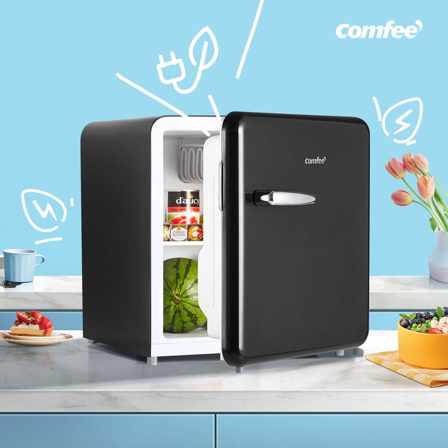 Comfee RCD50DK1RT(E) Mini Fridge / Retro Fridge / 47L Cooler / 50 cm Height / 100 kWh/Year / Adjustable Temperature Control / Adjustable Feet / Black