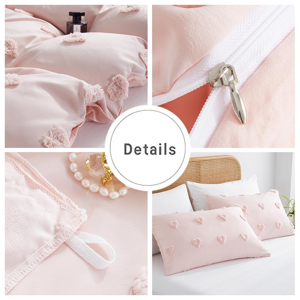 Freyamy Bohemian bedding set 135x200cm 2-piece Pink Tufted Heart Boho bedding Embroidery Shabby Chic bedding sets Microfiber Soft duvet cover with zipper and pillowcase 80x80cm
