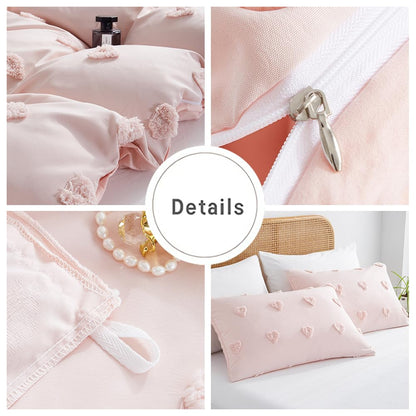 Freyamy Bohemian bedding set 135x200cm 2-piece Pink Tufted Heart Boho bedding Embroidery Shabby Chic bedding sets Microfiber Soft duvet cover with zipper and pillowcase 80x80cm