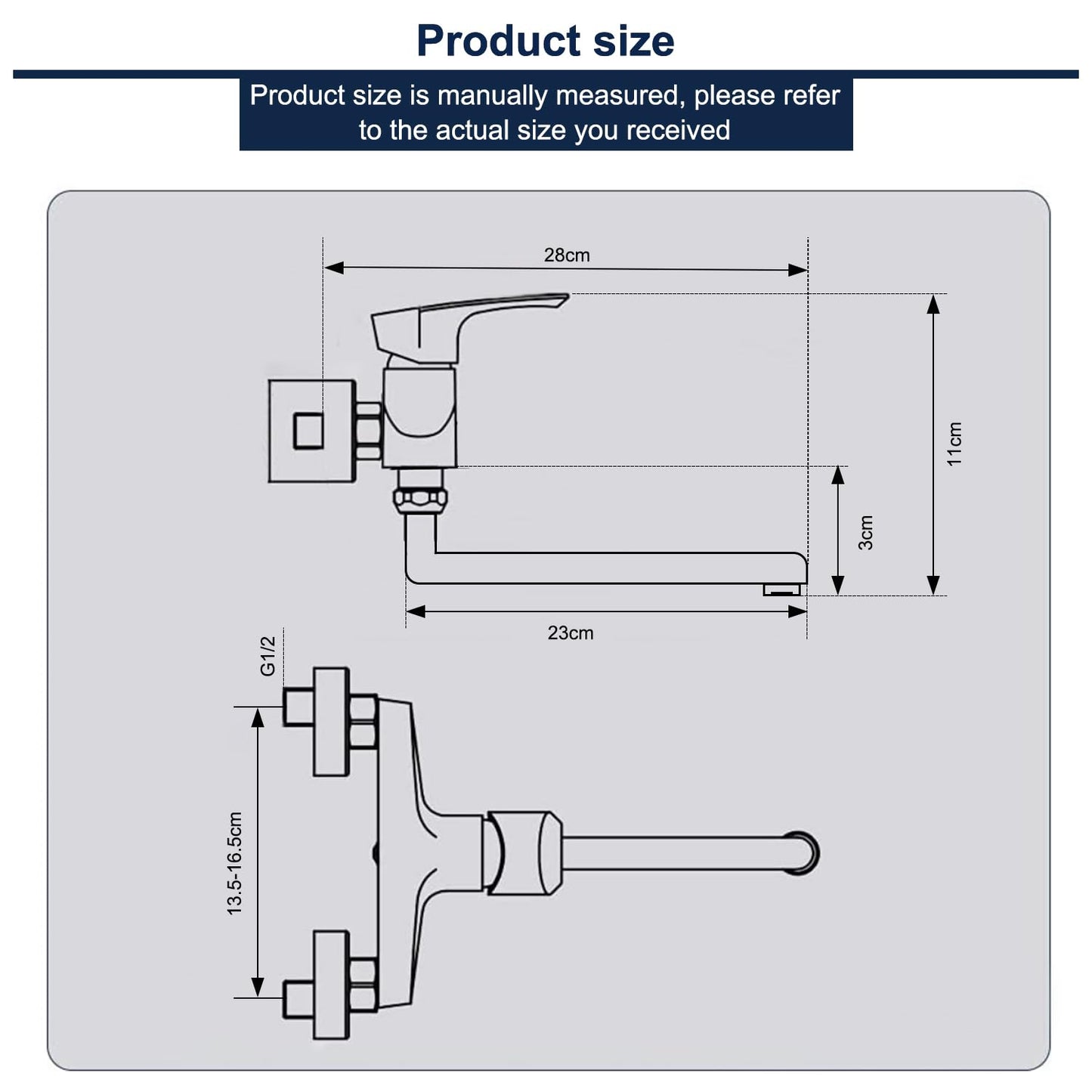 Wall-mounted stainless steel kitchen faucet, 360° rotatable, cold and hot water mixer, swivel arm 23cm, brushed.