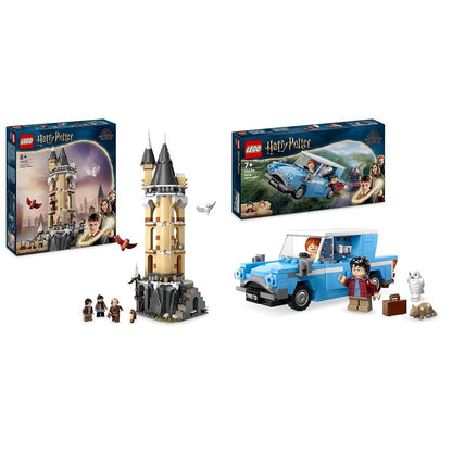 LEGO Harry Potter Owlery at Hogwarts Castle, adventure set with toy animals and 3 mini-figures & Harry Potter Flying Ford Anglia, buildable toy car for kids.