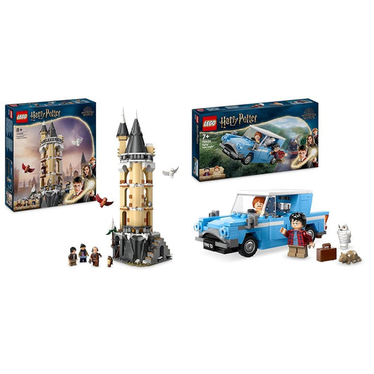 LEGO Harry Potter Owlery at Hogwarts Castle, adventure set with toy animals and 3 mini-figures & Harry Potter Flying Ford Anglia, buildable toy car for kids.
