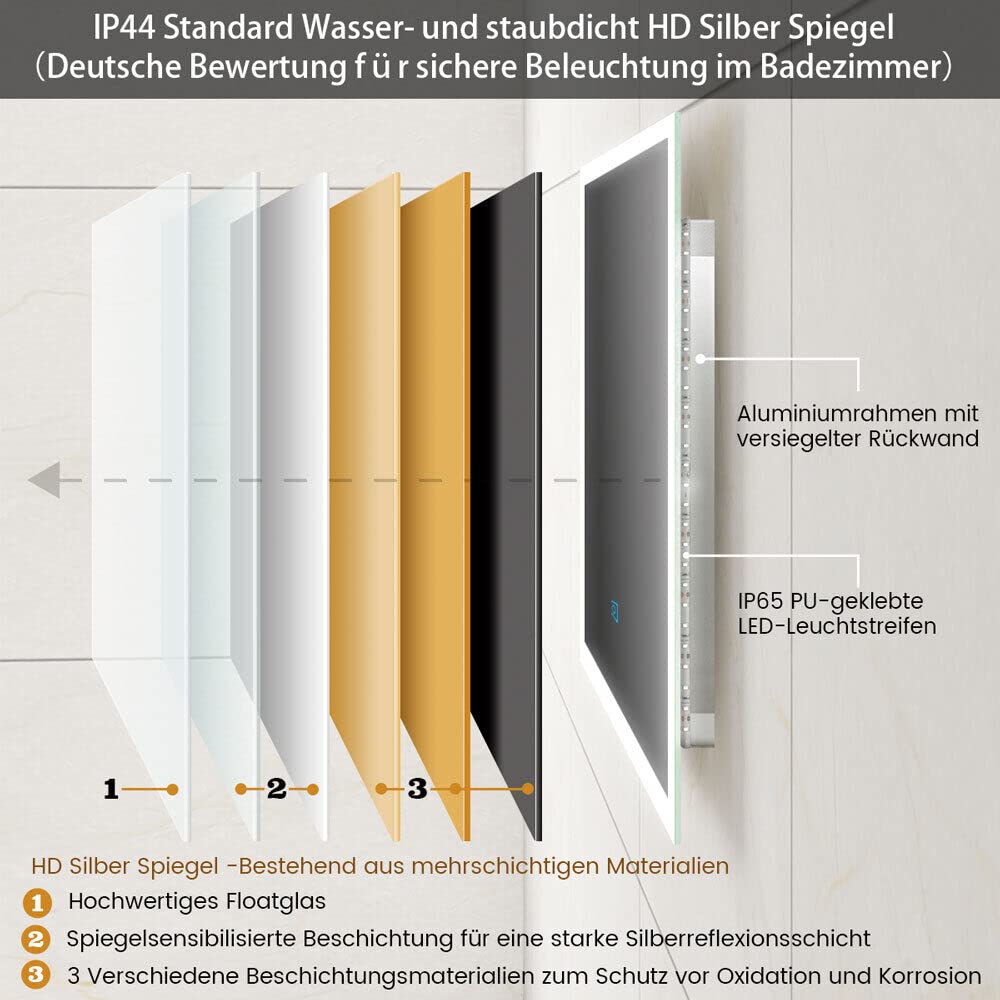 Finmyrs LED bathroom mirror with lighting 100x60 cm Touch switch, Anti-fog Dimmable illuminated Cool White Warm White Horizontal Vertical (39.37x23.62 Inch)