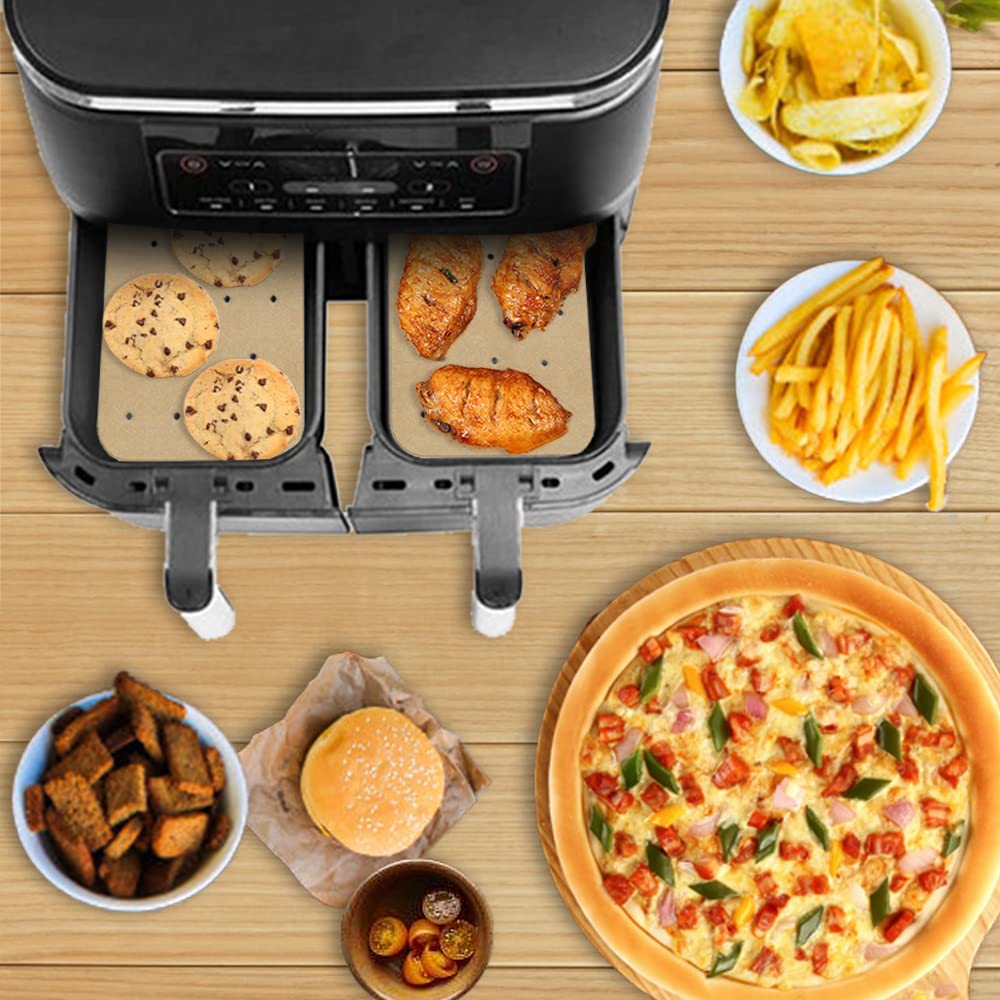 2 pieces of 304 stainless steel air fryer grill rack with 100 pieces of parchment paper compatible with Ninja Foodi AF300EU AF400EU, Dehydrate Rack Set for Dual Zone Air Fryer, Sheets