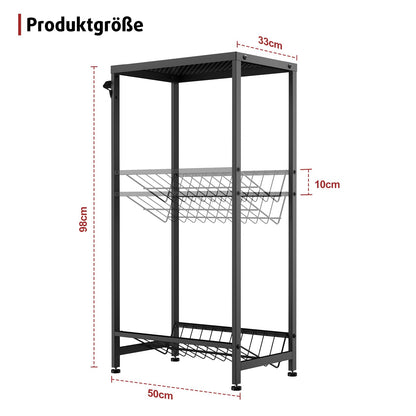 Rainsworth narrow beverage crate shelf in black with metal grid holder, 33W x 50D x 98H cm. Holds 2 crates with adjustable feet. Small beverage shelf.