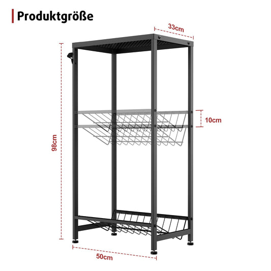 Rainsworth narrow beverage crate shelf in black with metal grid holder, 33W x 50D x 98H cm. Holds 2 crates with adjustable feet. Small beverage shelf.