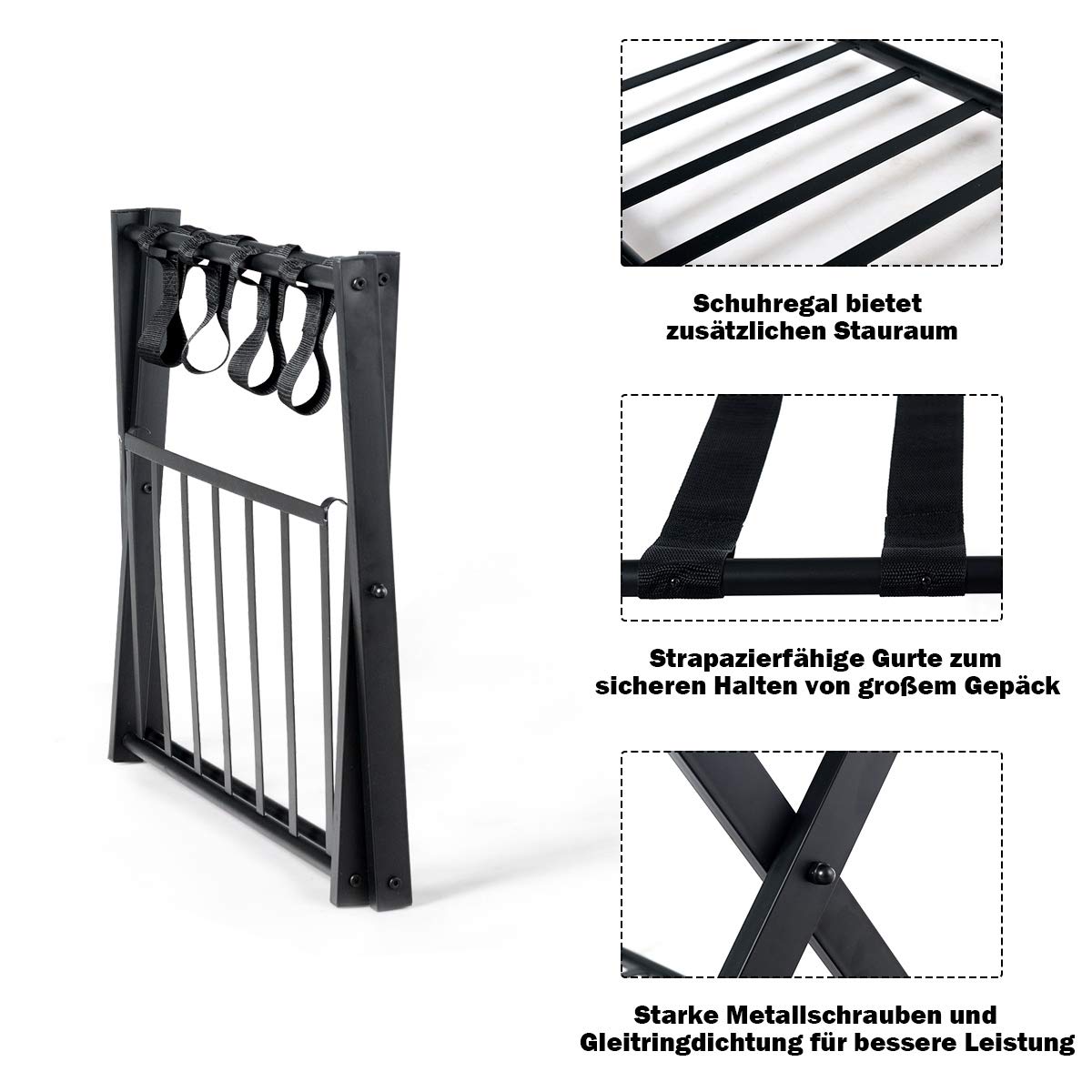 GYMAX Folding Luggage Rack, Double-Layer Luggage Stand with 4 sturdy straps & 2-tier design, luggage shelf supports up to 60 kg, luggage rack for guest room & hotel (1, Black)