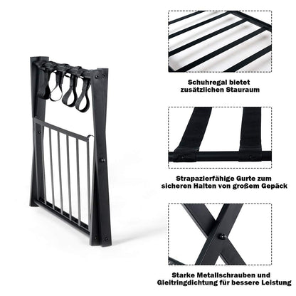GYMAX Folding Luggage Rack, Double-Layer Luggage Stand with 4 sturdy straps & 2-tier design, luggage shelf supports up to 60 kg, luggage rack for guest room & hotel (1, Black)