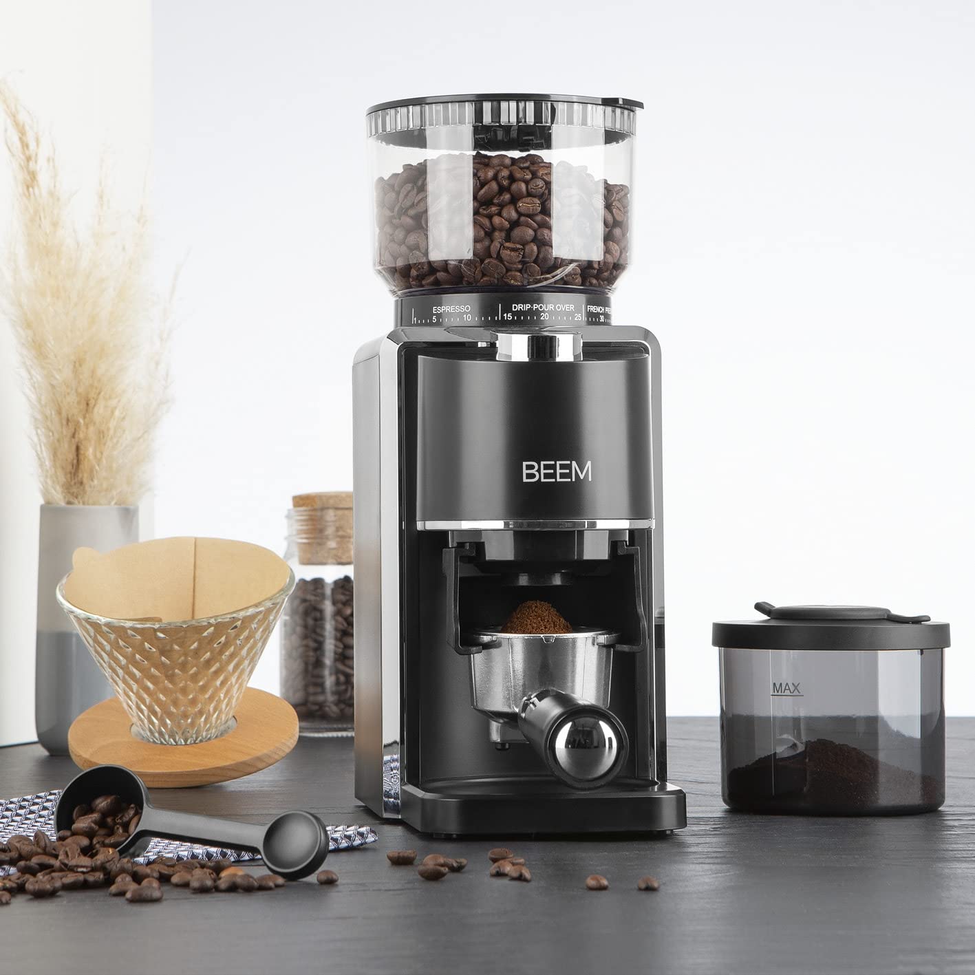 BEEM GRIND-PERFECT Electric Coffee Grinder - 250 g | 35 grind settings, conical burr grinder, adjustable dose with dial (2-12 cups) | Grind directly into portafilter with Ø 52-58 mm
