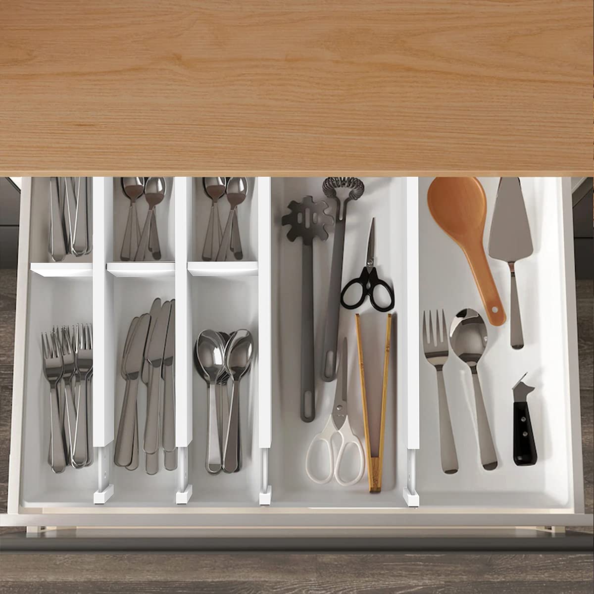 ANTOWIN Drawer Divider Adjustable Bamboo (43-56 cm), Drawer Organizer, Spring-loaded, Kitchen, Dresser, Bathroom, Bedroom, Baby Drawer, Desk Organization System (White)