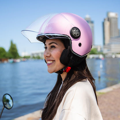 VINZ Parchi Jet Helmet with Double Visor | Scooter Helmet Fashion Helmet with Stripes | Available in sizes XS-XXL | Jet Helmet with Sun Visor | ECE 22.06 Certified | Motorcycle Helmet with Visor - Pink