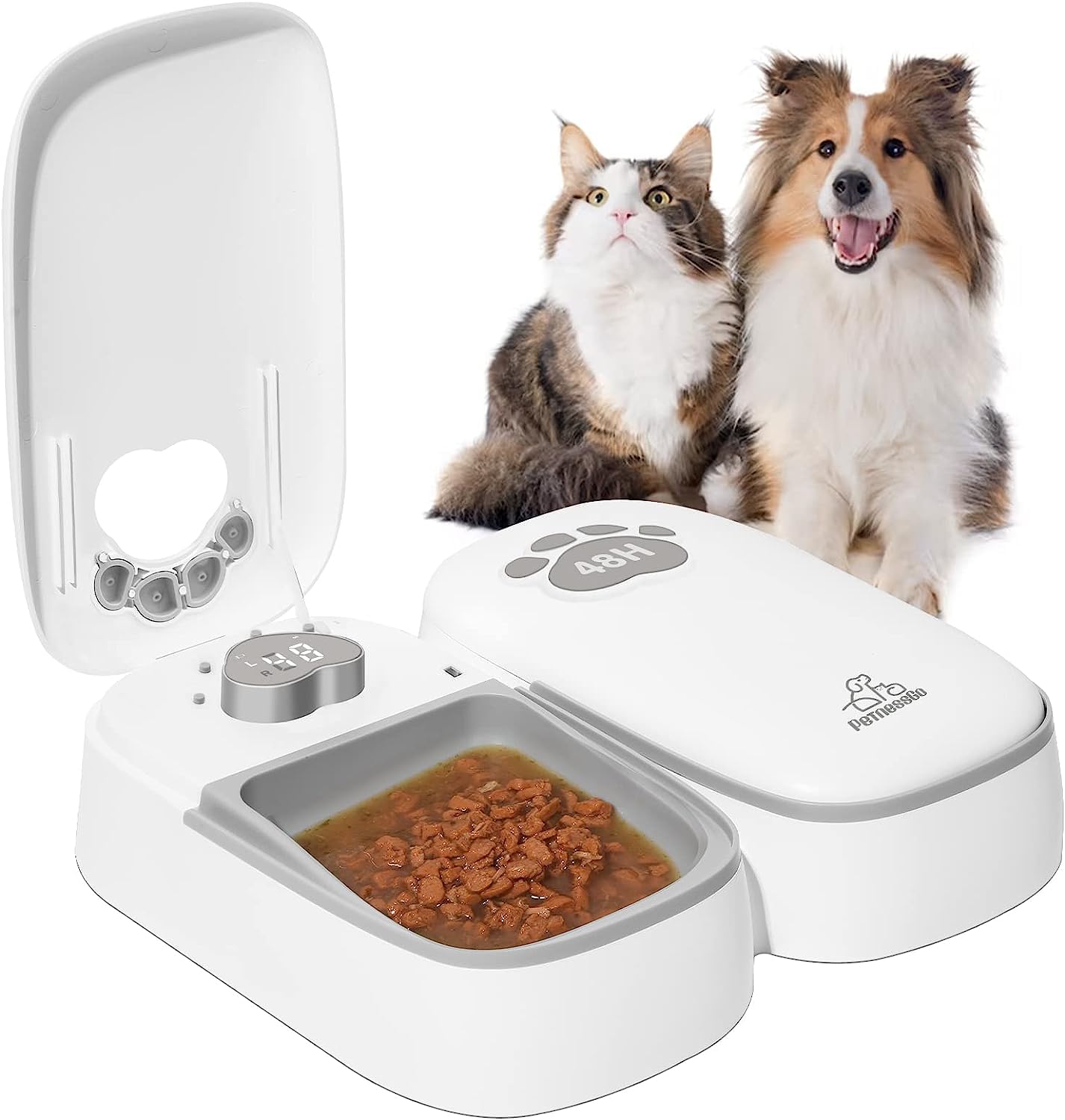Automatic pet feeder for cats and dogs, 2 in 1 Upgraded Chip Timed Dry Pet Food Feeder with display, 48 hours freshness for semi-moist food, healthier meal for all pets.