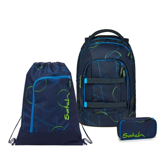 Satch Pack school backpack set 3pc with pencil case and gym bag (Blue Tech)