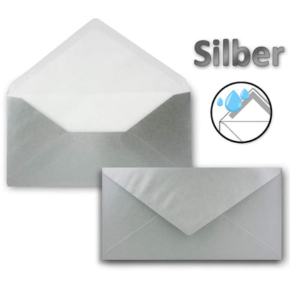 50 envelopes Silver Metallic DIN Long - 110 x 220 mm (11 x 22 cm) - wet adhesive without window - ideal for invitation cards - ColorsHappy series