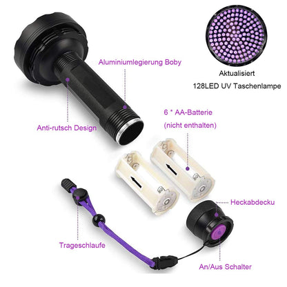 Blacklight flashlight, 128 LED UV lamp with UV protective glasses for home pet urine detectors, blacklight lamp 395nm UV light scorpion torch lamp for counterfeit money, urine from dogs, cats.