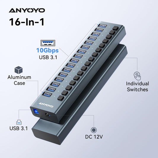 USB Hub 3.1 with 90W power supply, 16 Port USB 3.1 Aluminum Hub Active 3.1 with 12V/7.5A power supply USB hub with power supply for laptop, PC, computer, mobile HDD, flash drive.