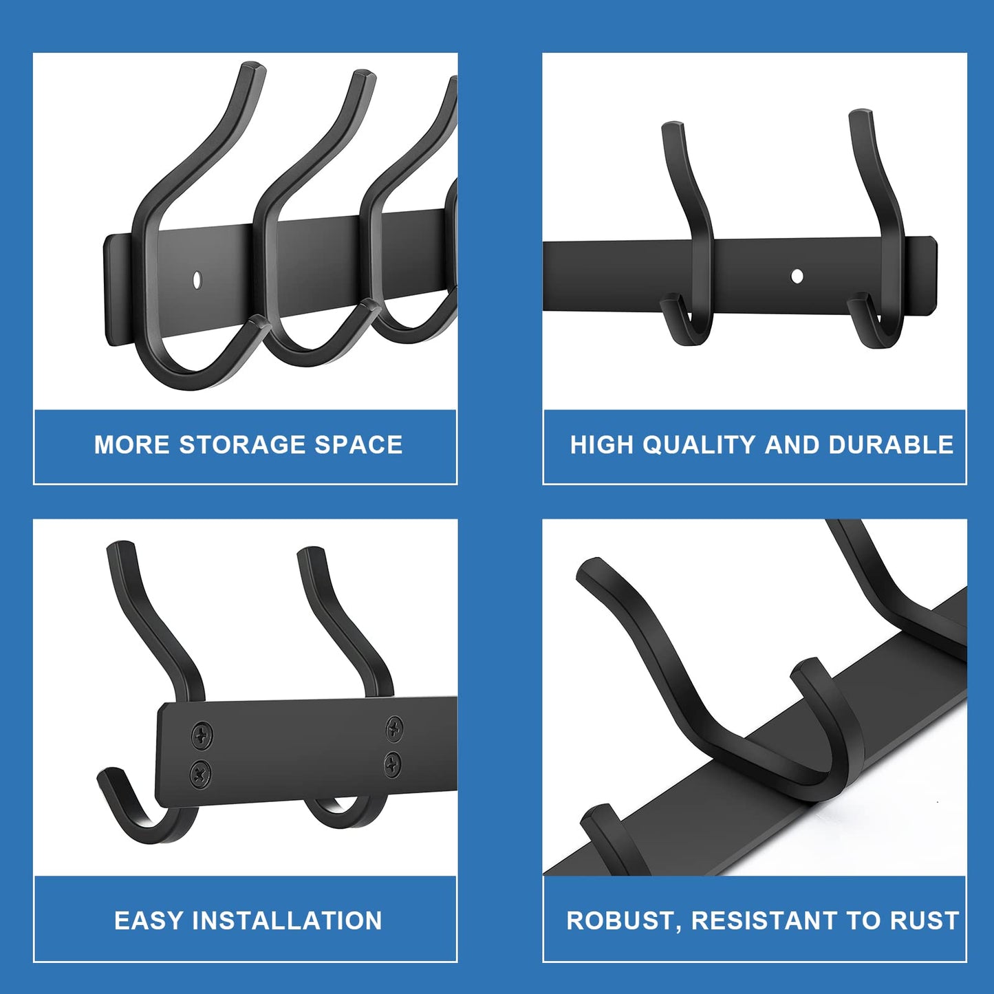 MEIJO stainless steel coat hooks, hook rail coat hooks wall with 8 hooks, coat rack wall coat rack for bedroom bathroom kitchen (Black, 8 hooks 2 pieces)