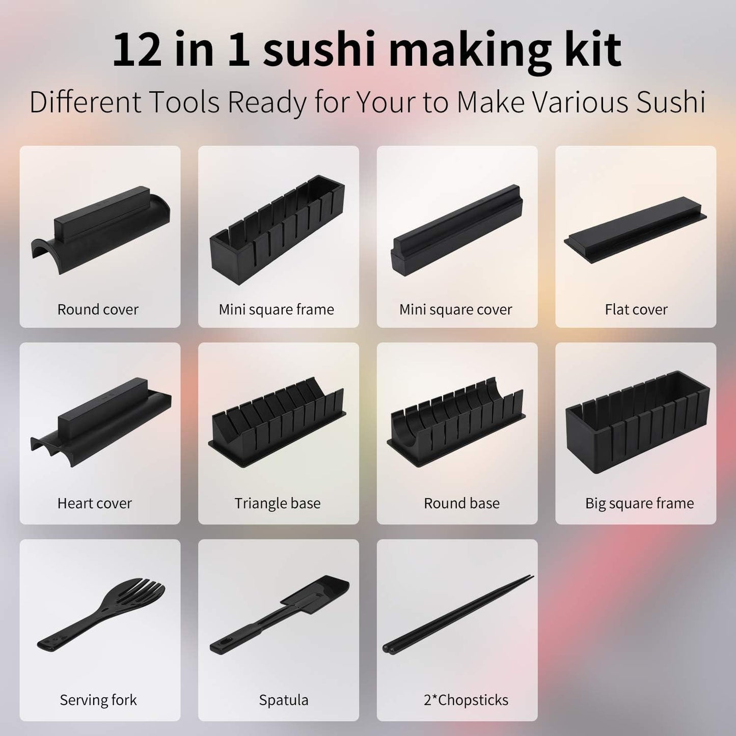 Sushi Maker Kit Plastic Premium Set Sushi Tool Set Sushi Rice Roll Mold DIY Sushi Roller Tool for beginners at home (12 pieces)