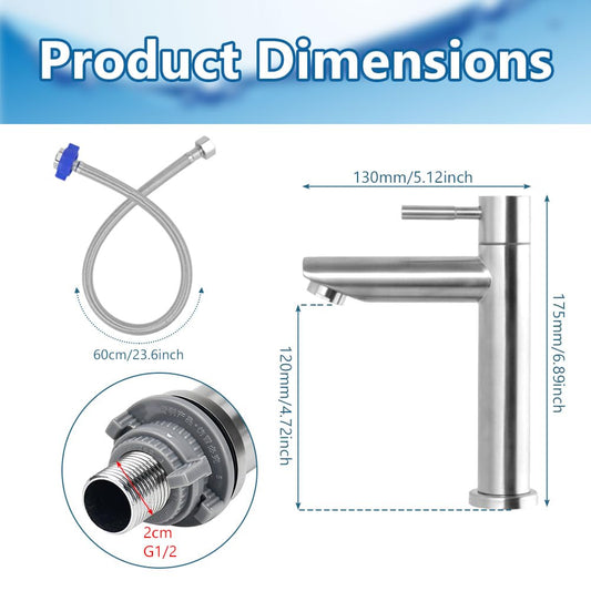 REFORUNG stainless steel cold water faucet for wash basin with single lever handle and 60cm connection hose for guest bathroom. 175mm faucet height.
