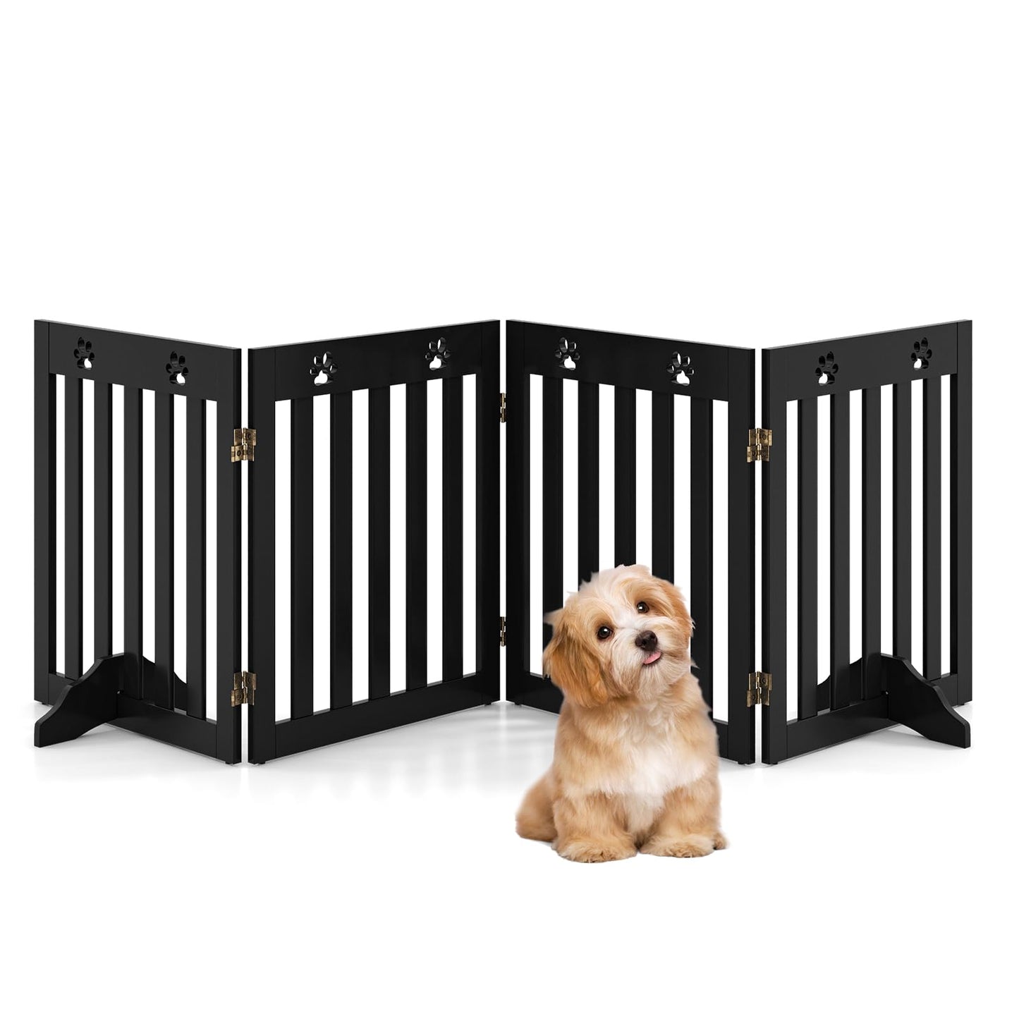 COSTWAY Dog Gate, Wooden Safety Gate, Foldable Baby Gate, 60cm High Stair Gate, Flexible Pet Gate Door Guard (4 Panels, Brown)