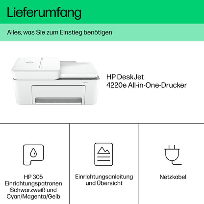 HP DeskJet 4220e All-in-One printer, 3 months free printing with HP Instant Ink included, HP+, printer, copier, scanner, mobile faxing, WiFi, automatic document feeder, White