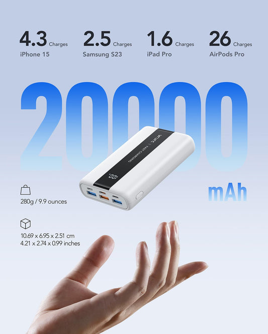 VRURC Powerbank 20000mAh Fast Charging 22.5W, USB C Power Bank Small and powerful External Battery Packs PD QC3.0 Battery Pack Compatible with iPhone, Samsung, Huawei, iPad, Switch etc. - White