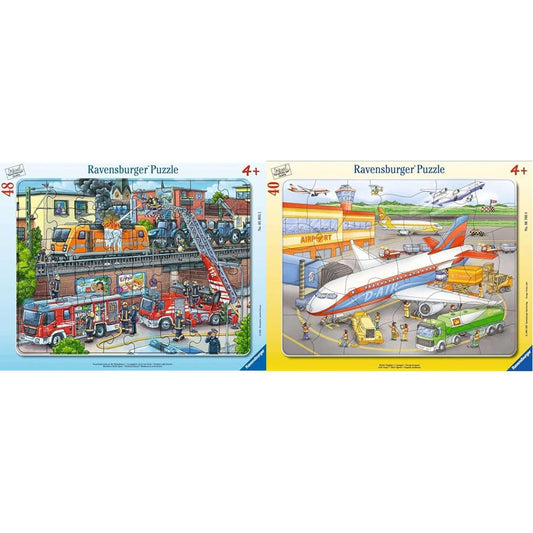 Ravensburger Children's Puzzles - 05093 Fire department at the railway tracks & Children's Puzzle - 06700 Small airport - Frame puzzle for children ages 4 and up, with 40 pieces.