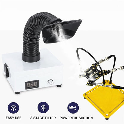 Solder fume extractor for DIYers & phone repairs – Desktop smoke absorber with EU plug, professional model, waterless, noiseless, compact design, 100-240 V.
