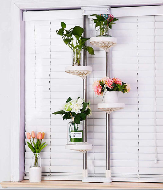 BAOYOUNI Telescopic Flower Stand Plant Stand Indoor Plant Stand Window Sill Metal Telescopic Shelf Window Shelf for Plants Flowers Adjustable Height 92 to 160 cm, Ivory