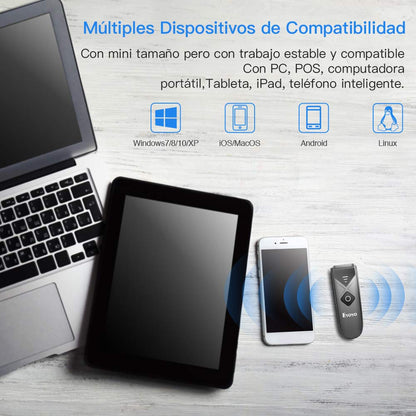 Eyoyo 2D QR barcode scanner, 1D mini barcode reader with 3-in-1 USB cable/Bluetooth/2.4G wireless connection for iOS, Android, tablets, and PC.