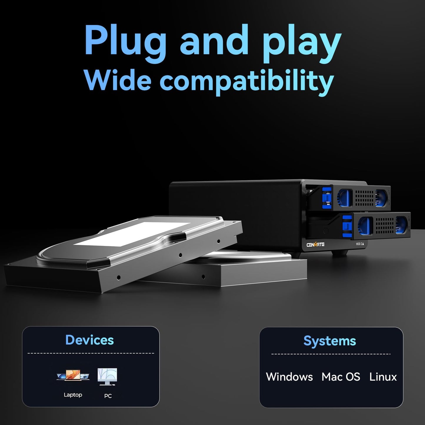 CENMATE Aluminum External Hard Drive Enclosure with Two Bays, Fan for 2.5"/3.5" SATA HDD/SSD with USB A/C 3.0, Tool-Free, Daisy Chain Expansion, DAS (NO RAID/NAS).