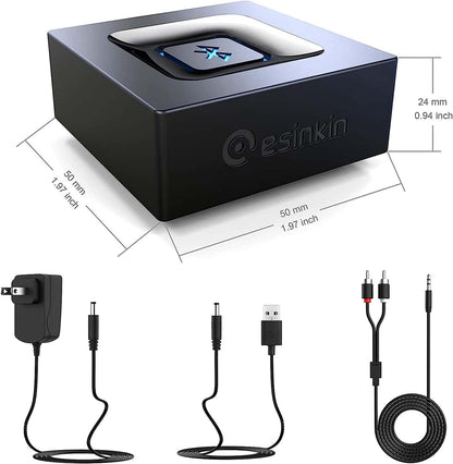 Esinkin Wireless Bluetooth Audio Receiver, Bluetooth adapter for PC/Mac/Smartphone/Tablet/AV receiver/stereo system, 3.5mm & RCA input, One-Push button (On/Off button).