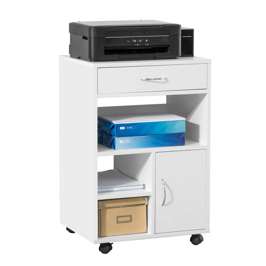 SoBuy printer cart with wheels Mobile printer stand desk cabinet with drawers rolling file cabinet White Side table with wheels for office living room and study 50x75x40cm FBT106-W