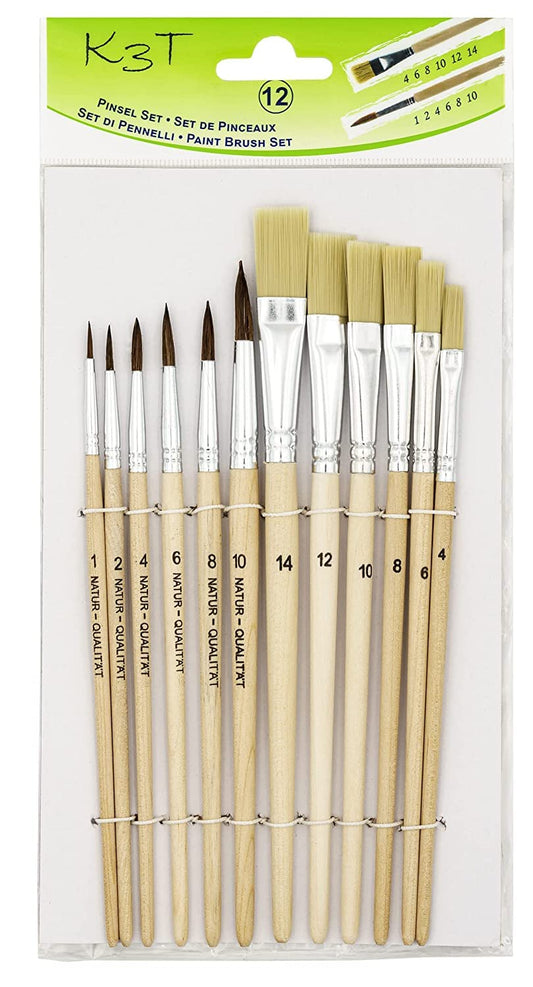 K3T 49411 Brush Set 12 pcs (bristle brushes sizes 4, 6, 8, 10, 12, and 14 - hair brushes sizes 1, 2, 4, 6, 8, and 10), natural, 12 different brushes.