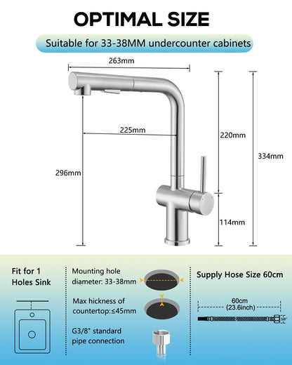 BONADE Kitchen Faucet Pull-Out, High Pressure Kitchen Tap with Sprayer 2 Spray Modes, 360° Rotatable Kitchen Faucet, L Shape Mixer Tap Kitchen, Single Lever Sink Mixer Stainless Steel Brushed