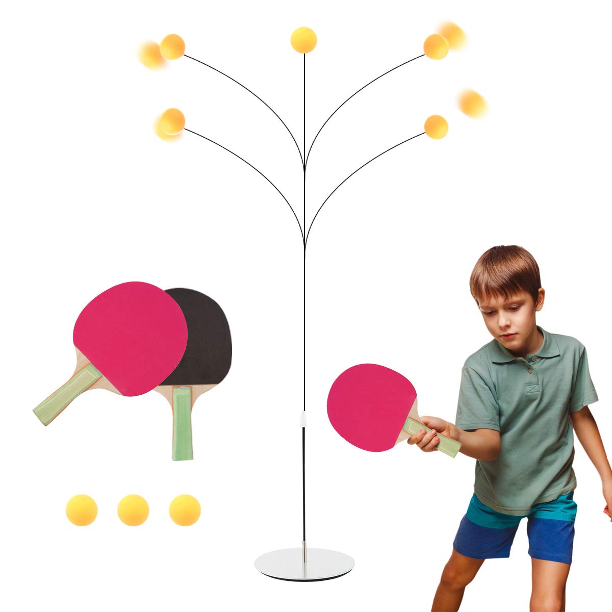Surplex Table Tennis Trainer with Elastic Soft Shaft Height Adjustable With Rackets Practice Balls For Beginners Self-training Leisure Decompression Child Adult Indoor Outdoor Play