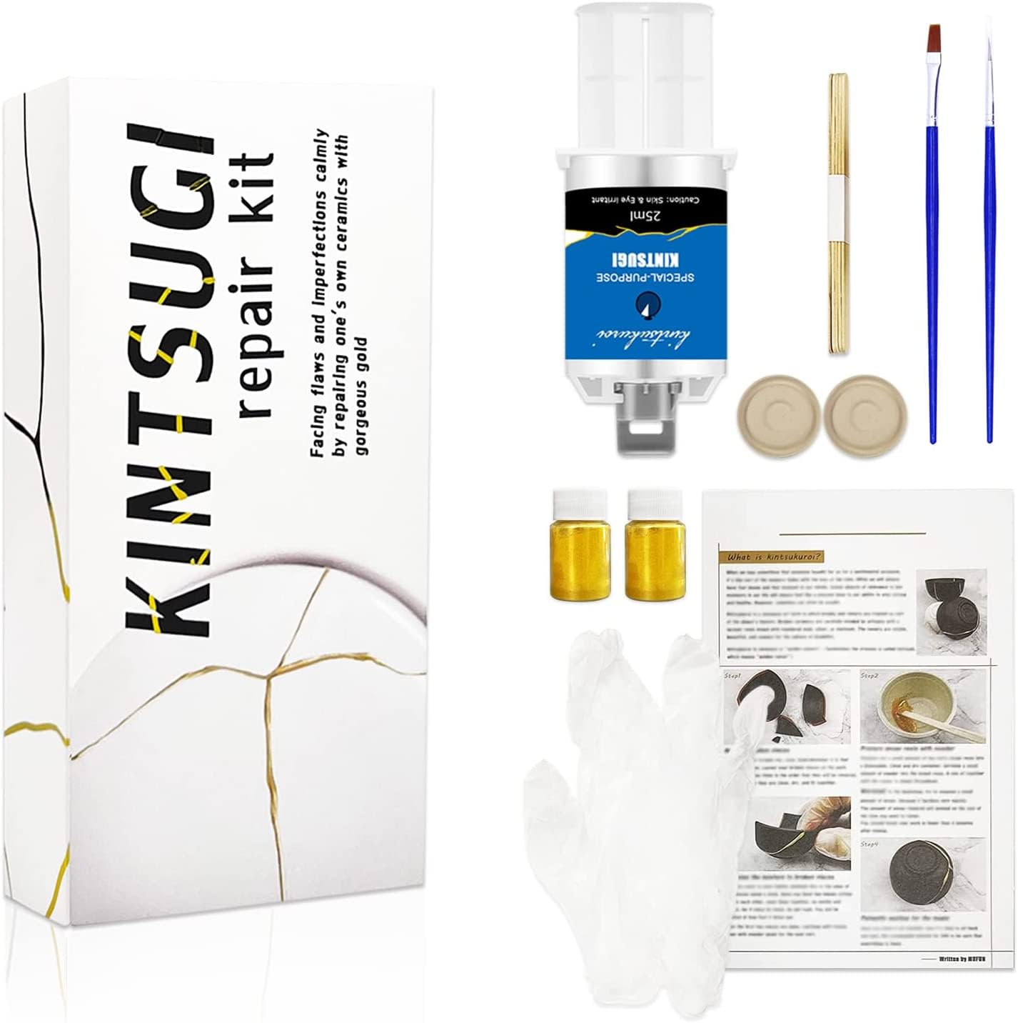 MUFUN Kintsugi Kit, Kintsugi Repair Set, Repair Ceramic Bowls & Vases with Gold Powder Adhesive, Beginner Kintsugi kit, perfect for beginners, easy Kintsugi Craft.