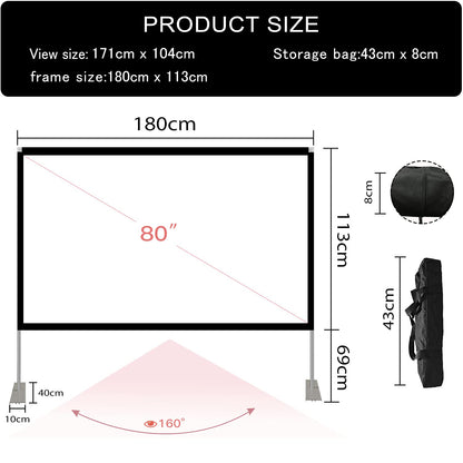 Projection screen with stand 80 inch HD 4K outdoor indoor projector screen Quick folding portable movie screen 16:9 Full set bag for home theater, camping, and leisure events.