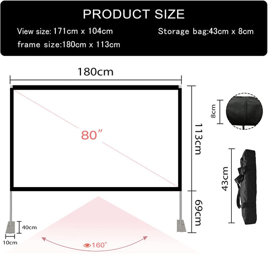Projection screen with stand 80 inch HD 4K outdoor indoor projector screen Quick folding portable movie screen 16:9 Full set bag for home theater, camping, and leisure events.