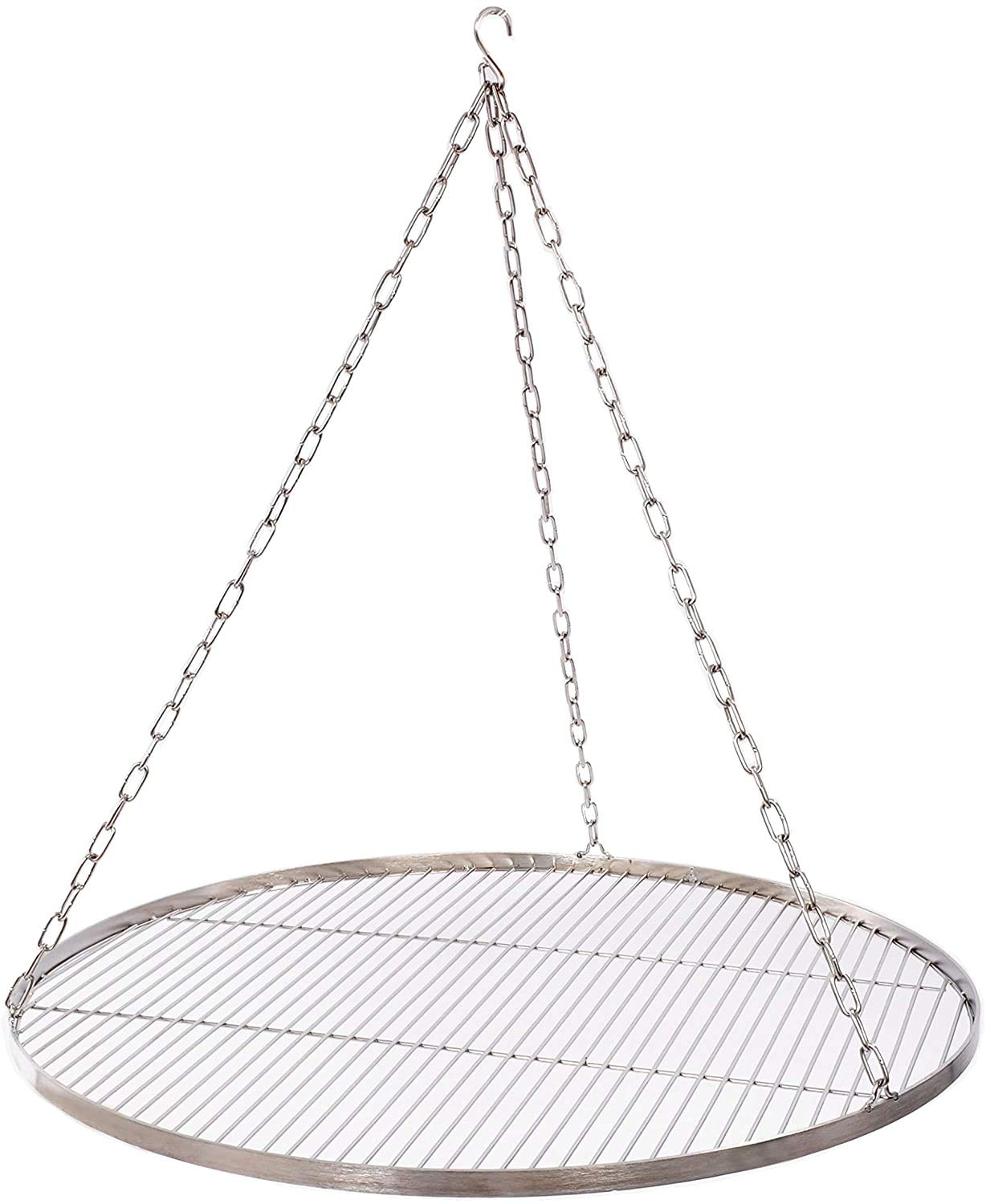 60 cm stainless steel grill grate for tripod BBQ grill with chain and 14 mm rod spacing.