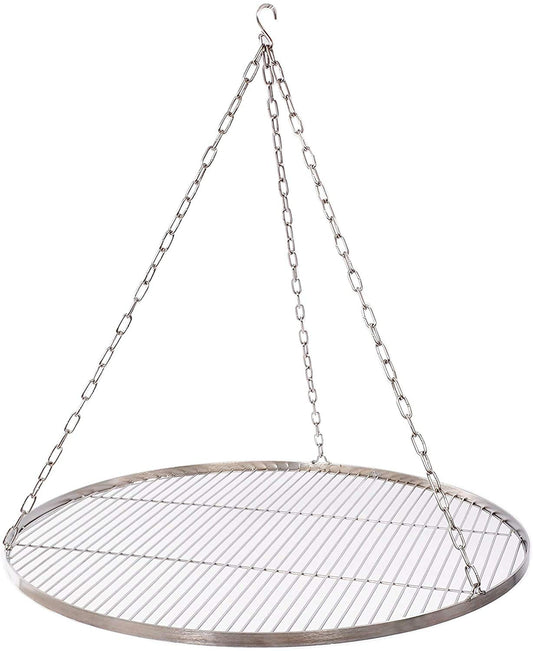 60 cm stainless steel grill grate for tripod BBQ grill with chain and 14 mm rod spacing.