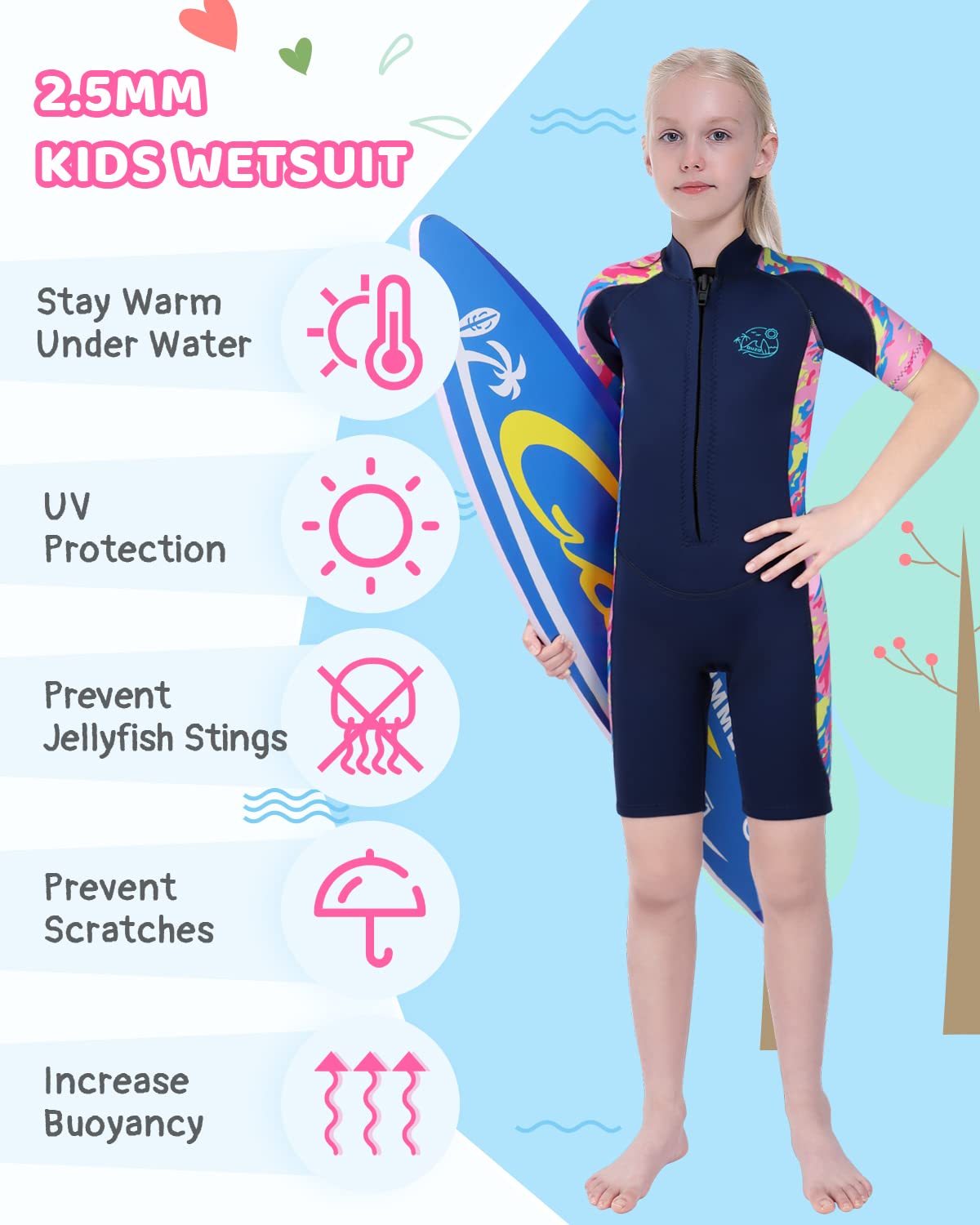 Yikayin Kids Neoprene Wetsuit, 2.5mm Short Neoprene Diving Suit for Boys Girls, Surf Suit with Front Zipper for Diving, Surfing, Swimming, Kayaking.