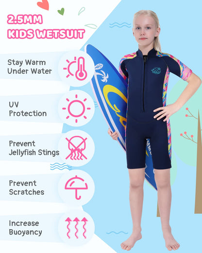 Yikayin Kids Neoprene Wetsuit, 2.5mm Short Neoprene Diving Suit for Boys Girls, Surf Suit with Front Zipper for Diving, Surfing, Swimming, Kayaking.