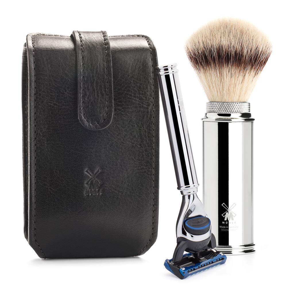 MÜHLE Travel Set - Silvertip Fibre brush, compatible with Gillette blades, black leather case - chrome metal handles