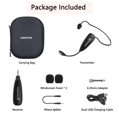 Wireless fitness microphone headset, KIMAFUN sweatproof waterproof headset microphone with rechargeable transmitter and pocket receiver for speakers, PA, smartphone, fitness trainers, yoga