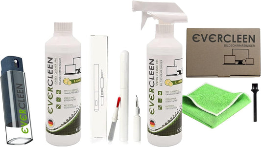 EVERCLEEN 2 GO Made in Germany Screen Cleaner Pro + EVERCLEEN Screen Cleaner 500ml + Refill + 4in1 Cleaning Tool + Microfiber Cloth Vegan Cleaner. For tablet displays smartphones