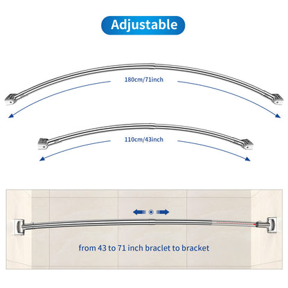 Curved shower curtain rod made of 304 stainless steel, includes 18 stainless steel curtain rings. Telescopic and adjustable from 110 to 180 cm for bathroom and bathtub, easy drill installation.