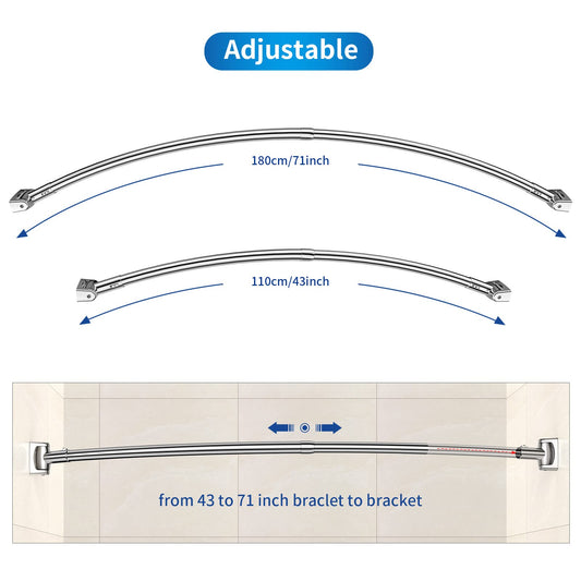 Curved shower curtain rod made of 304 stainless steel, includes 18 stainless steel curtain rings. Telescopic and adjustable from 110 to 180 cm for bathroom and bathtub, easy drill installation.