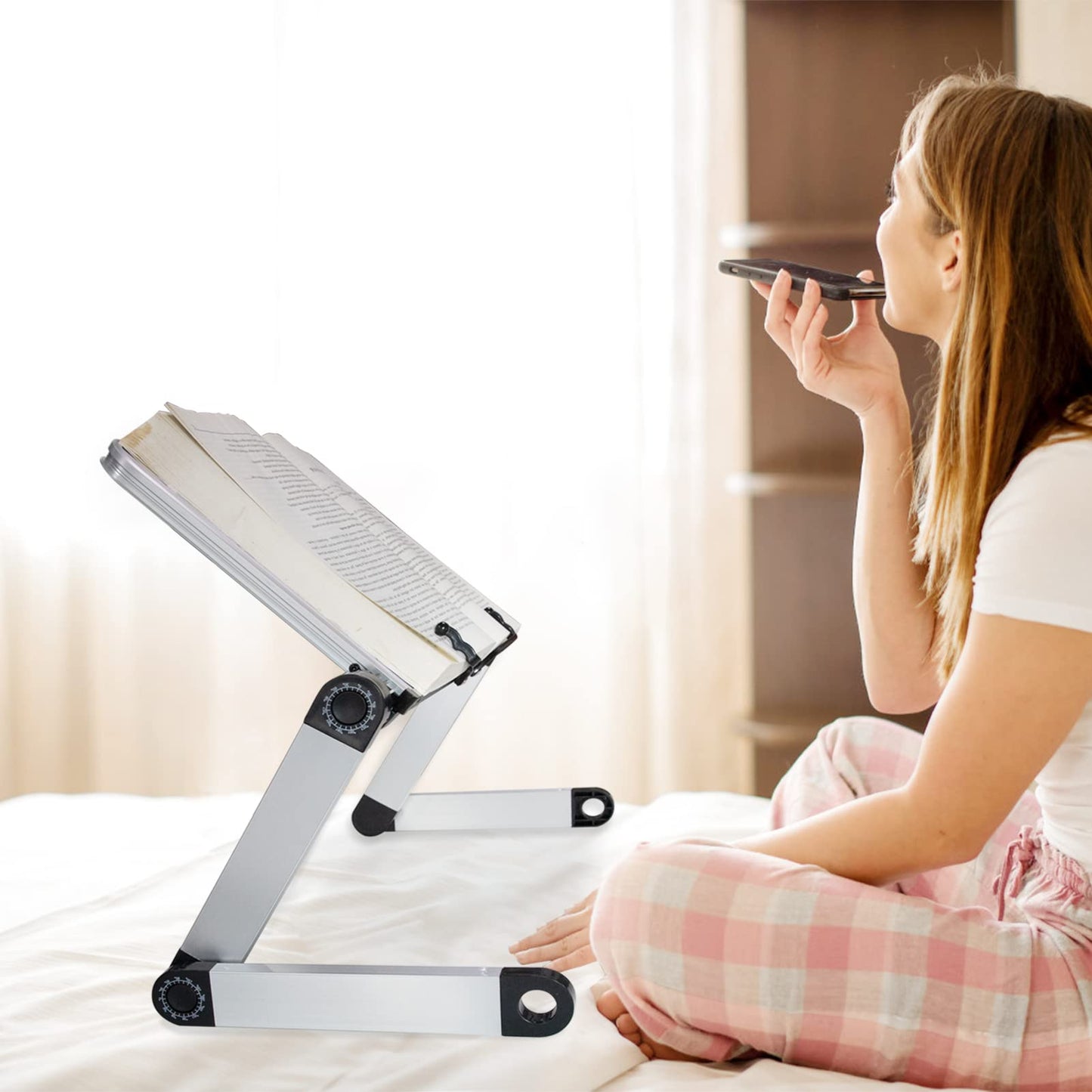 Adjustable Ergonomic Book Stand with Office Clips for textbooks, music books, tablets, notebooks, recipe books, and more.